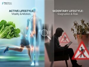 Split-screen vergelijking van actieve versus inactieve levensstijl met gezonde groenten links en slechte houding rechts