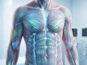 Menselijke torso met doorschijnende anatomische lagen, gloeiende spiervezels en helende weefsels met blauw-groen licht