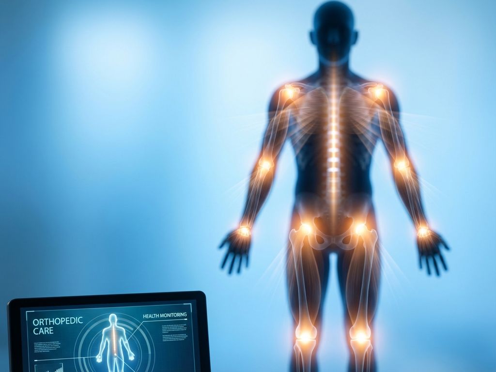 Menselijk silhouet met gloeiende anatomische punten op gewrichten en spieren tegen medische blauwe achtergrond