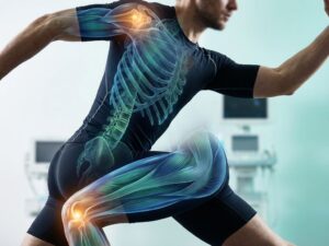 Anatomische weergave van menselijk lichaam in sportkleding met spieren, botten en gewrichten in blauw-groene tinten
