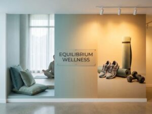 Gesplitst beeld toont balans tussen rust en beweging: meditatiekussens links, sportuitrusting rechts in gouden licht