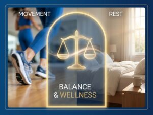 Gesplitst beeld van rennende sportschoenen links en rustig bed rechts, verbonden door gouden weegschaal symbool