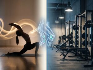 Gesplitst beeld toont zachte stretching links versus intensieve gewichtstraining rechts met medische ruggengraat illustratie