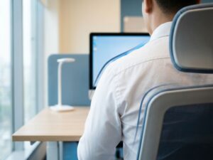 Kantoormedewerker toont goede ergonomische houding aan bureau met witte blouse en moderne werkplek