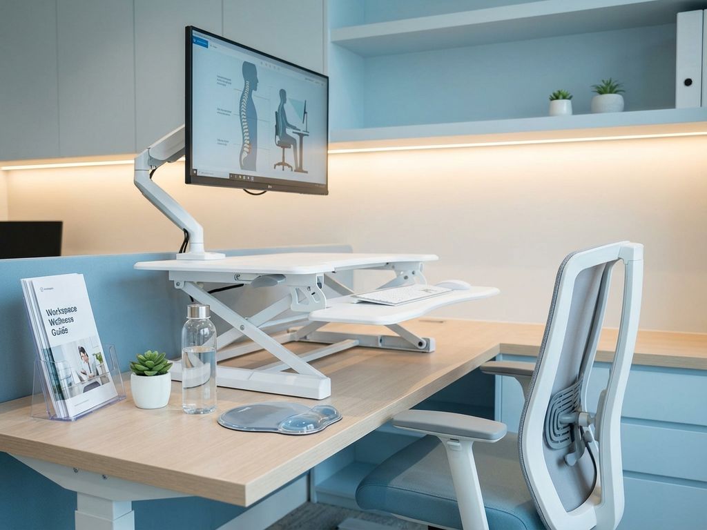 Ergonomische werkplek met verstelbaar bureau, ergonomische stoel, monitor op ooghoogte en wellness accessoires