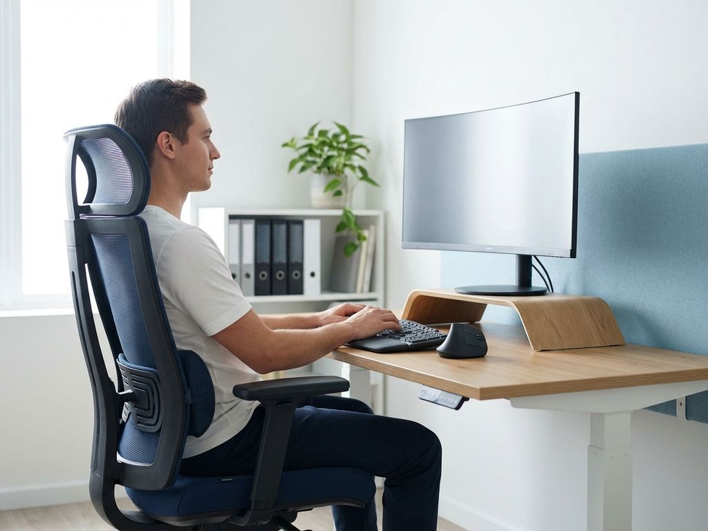 Ergonomische werkplek met verstelbaar bureau, ergonomische stoel en juiste monitorhoogte in moderne kantooromgeving