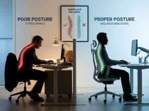Vergelijking slechte versus goede zithouding: gebogen silhouet met rode stressindicatoren tegenover ergonomische werkplek