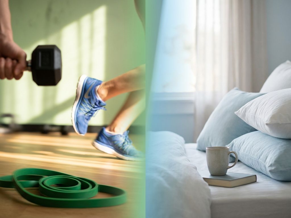 Gesplitste compositie toont contrast tussen sportuitrusting in beweging en rustige slaapkamer voor herstel en balans