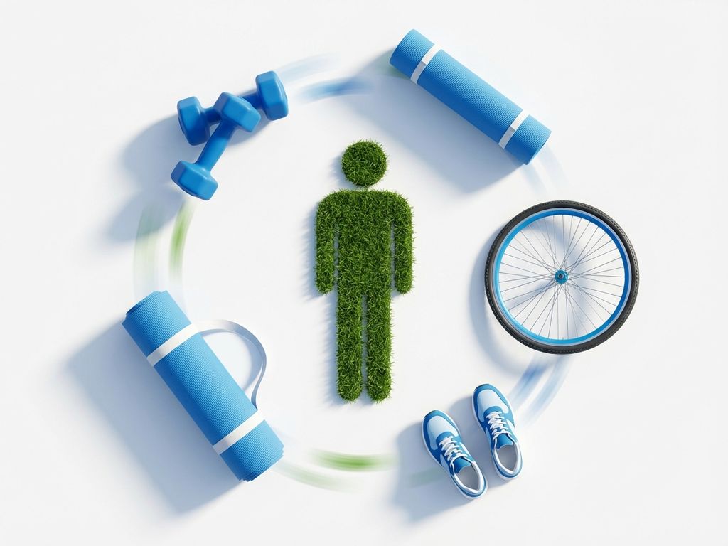 Menselijk silhouet van groen gras omringd door zwevende sportuitrusting op witte achtergrond