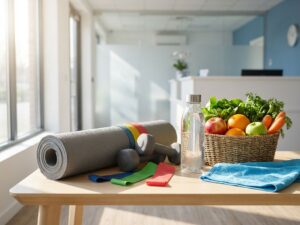 Fitness apparatuur met halters, weerstandsbanden, yogamat naast vers fruit, groenten en waterfles in natuurlijk licht