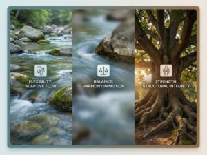Gesplitst beeld toont flexibiliteit en kracht: stromend water rond stenen links, sterke eikenboom rechts, natuurlijke harmonie