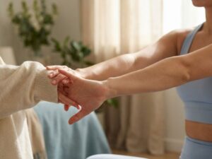 Handen en armen voeren zachte stretchoefeningen uit in natuurlijk licht, gezondheid en flexibiliteit tonend