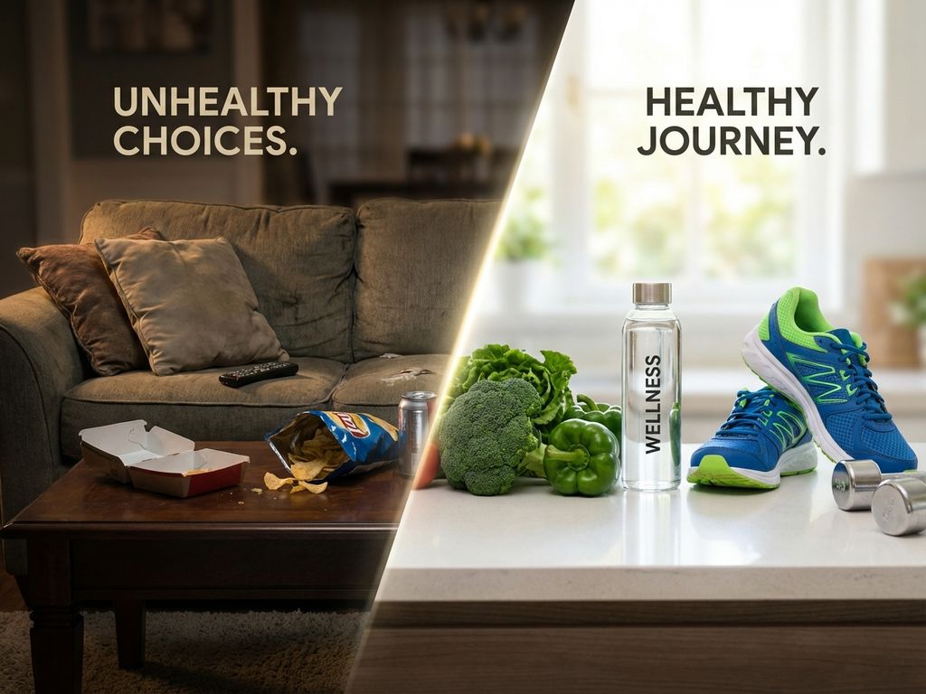 Split-screen vergelijking van ongezonde levensstijl links met junkfood naar gezonde levensstijl rechts met groenten en sportspullen