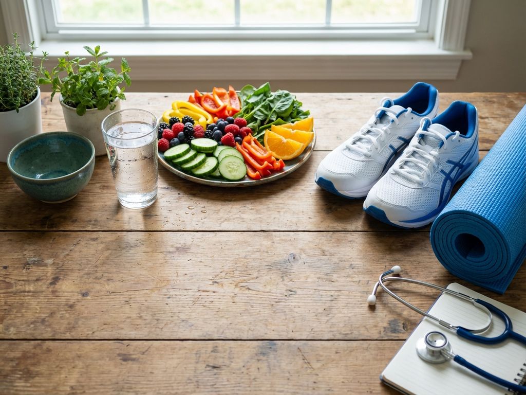Houten tafel met gezonde levensstijl elementen: water, groenten, fruit, hardloopschoenen, yogamat en stethoscoop