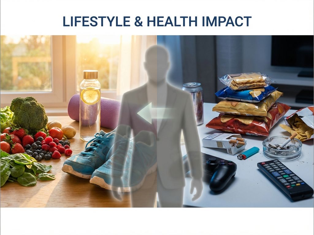 Gezonde versus ongezonde levensstijl vergelijking met groenten, sportspullen tegenover processed voedsel en sigaretten