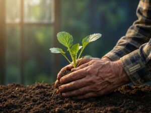Verzorgende handen houden groene plant vast, symbool voor gezond ouder worden en preventieve zorg bij FlexClinics