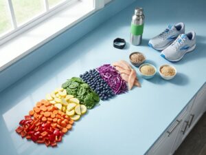 Gezonde ingrediënten in regenboogpatroon op keukentafel met sportschoenen, waterfles en fitnesshorloge
