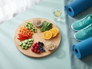 Houten snijplank met verse groenten, fruit en granen naast glas water, sportschoenen en yogamat voor gezonde levensstijl