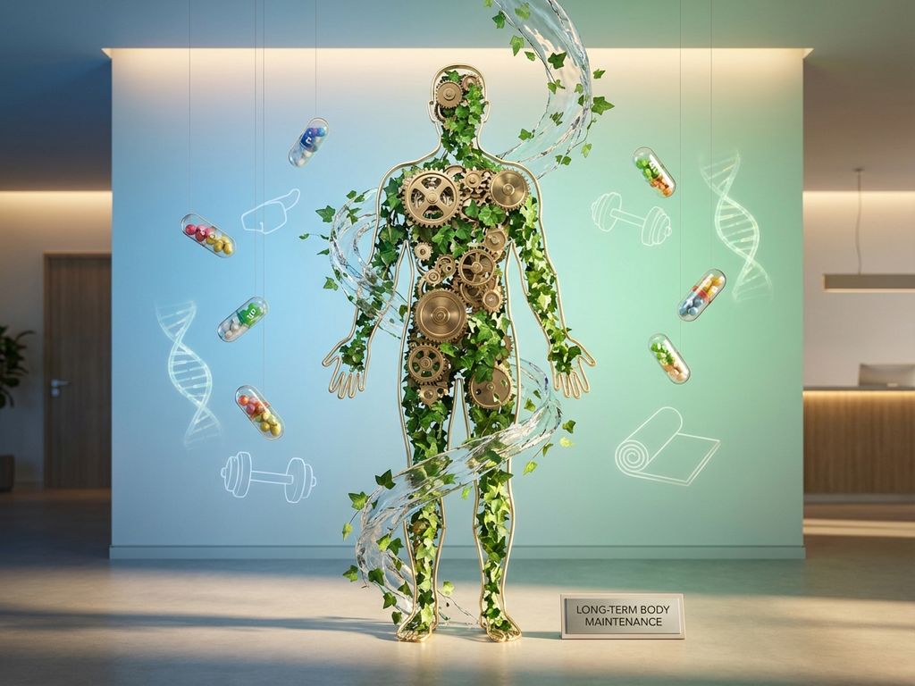 Menselijke silhouet van tandwielen, bladeren en water tegen medische blauwe achtergrond met vitamines en DNA-helixen