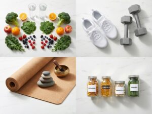 Gezonde levensstijl essentials symmetrisch gerangschikt op wit marmer: groenten, fruit, sportschoenen, yoga mat en supplementen