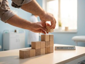 Handen plaatsen houten blokken in trapvorm op bureau in medische praktijk, symboliserend geleidelijke vooruitgang