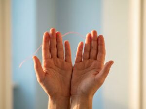 Handen in beschermende houding met handpalmen naar buiten, symboliserend het stellen van grenzen tegen zachte blauwe achtergrond