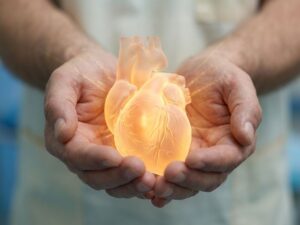 Gloeiend anatomisch hart in beschermende handen tegen medische achtergrond, symboliseert zorgzame gezondheidszorg