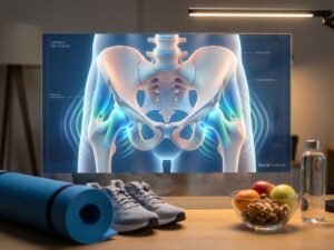 Gezonde heupgewrichten met transparante huid en spieren, omringd door yoga mat, sportschoenen en gezond voedsel