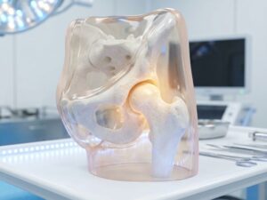 Gezonde heup anatomie model met doorschijnende huid toont botstructuur en spieren in medische omgeving
