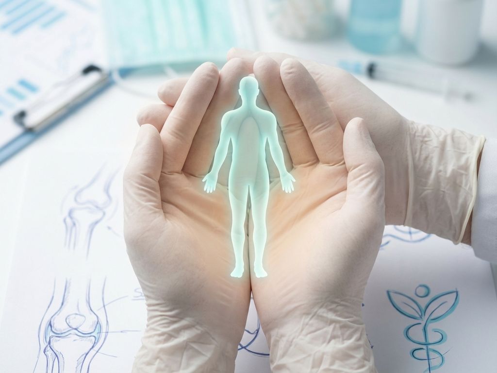 Handen beschermen gloeiend menselijk silhouet op medische ondergrond met gezondheidsdiagrammen op de achtergrond