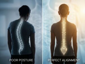Persoon met slechte houding links versus goede rechte rughouding rechts, met anatomische wervelkolom illustraties