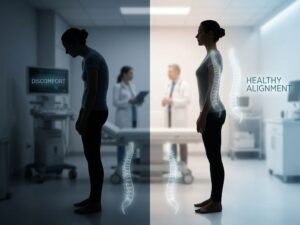Split-screen vergelijking van slechte houding (gebogen silhouet links) versus goede houding (rechtop silhouet rechts)
