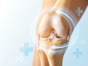 Doorsnede van een gezonde knie met kraakbeen en ligamenten, met bewegingslijnen op medische blauwe achtergrond