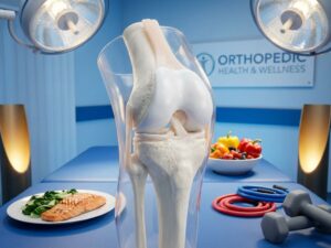 Gezonde knie doorsnede met kraakbeen en botten, omringd door zalm, groenten en sportuitrusting voor gewrichtsgezondheid