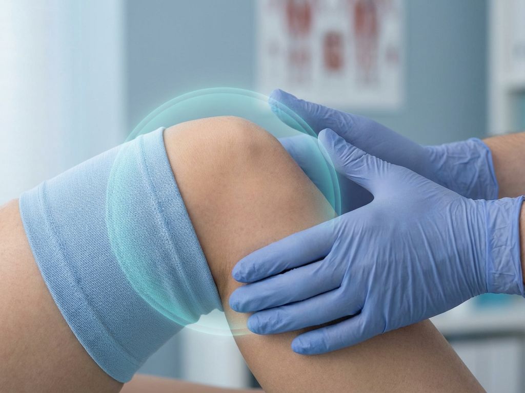 Gezonde menselijke knie in profiel met anatomische details, ondersteunende handen en medische blauwe achtergrond