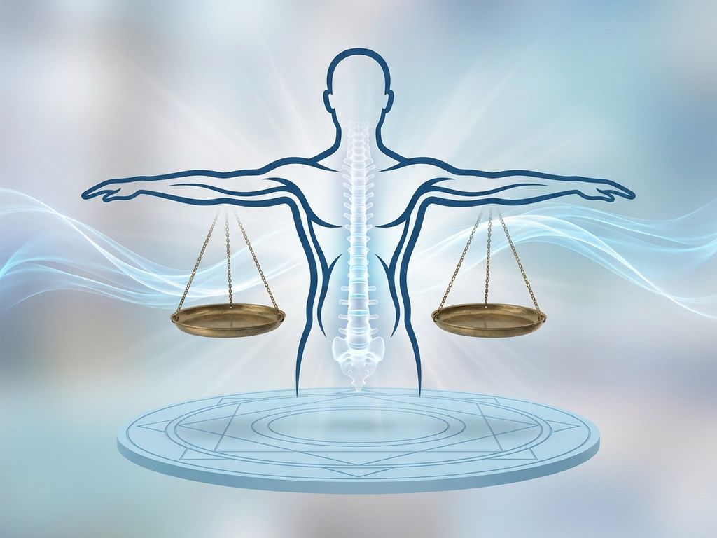Menselijk silhouet met gloeiende wervelkolom, gewrichten in blauw licht en energielijnen voor lichaamsbalans