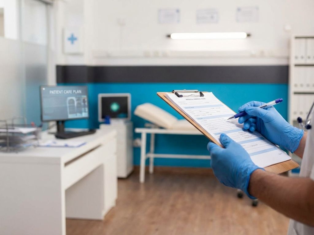 Handen houden klembord met medische formulieren vast in moderne zorgverlening praktijkruimte met apparatuur