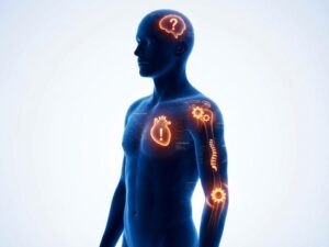 Menselijke silhouet met gloeiende waarschuwingssymbolen bij hart, gewrichten, ruggengraat en hoofd voor medische diagnostiek