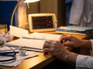 Gestresste handen grijpen bureaurand vast met medische documenten en stethoscoop, hartritmemonitor toont onregelmatige pieken