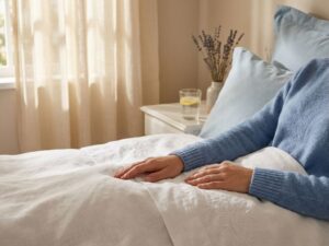 Ontspannen handen rusten op wit beddengoed in rustige slaapkamer met natuurlijk licht en wellness elementen