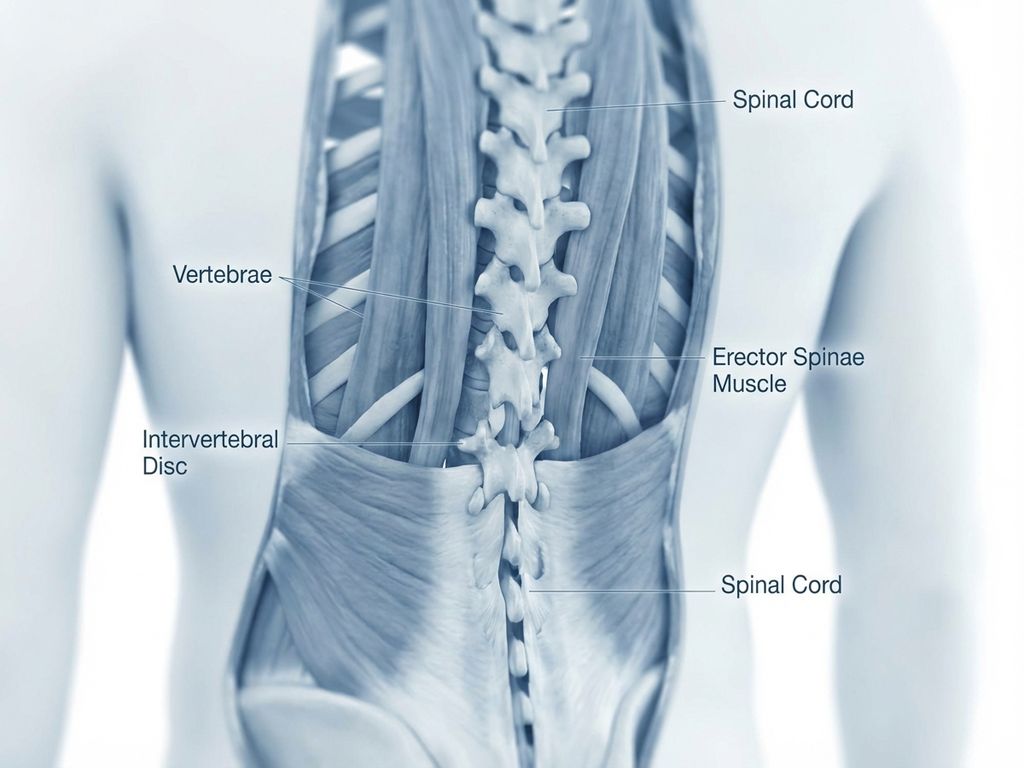 Gezonde wervelkolom in dwarsdoorsnede met sterke rugspieren, medische illustratie op witte achtergrond