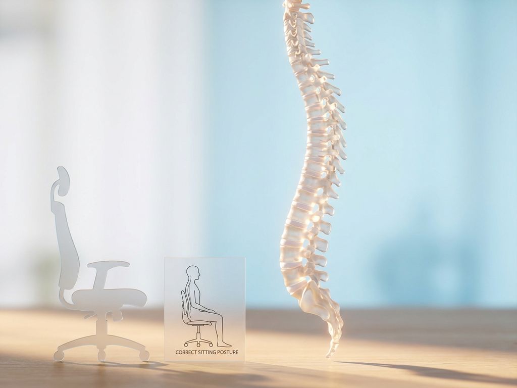 Gezonde wervelkolom in perfecte uitlijning met ergonomische bureaustoel, toont juiste houding en ruggengraat zorg