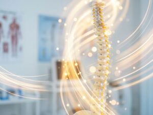 Gezonde wervelkolom model met perfecte uitlijning en gouden lichtstralen die vitaliteit en ruggengraat welzijn symboliseren