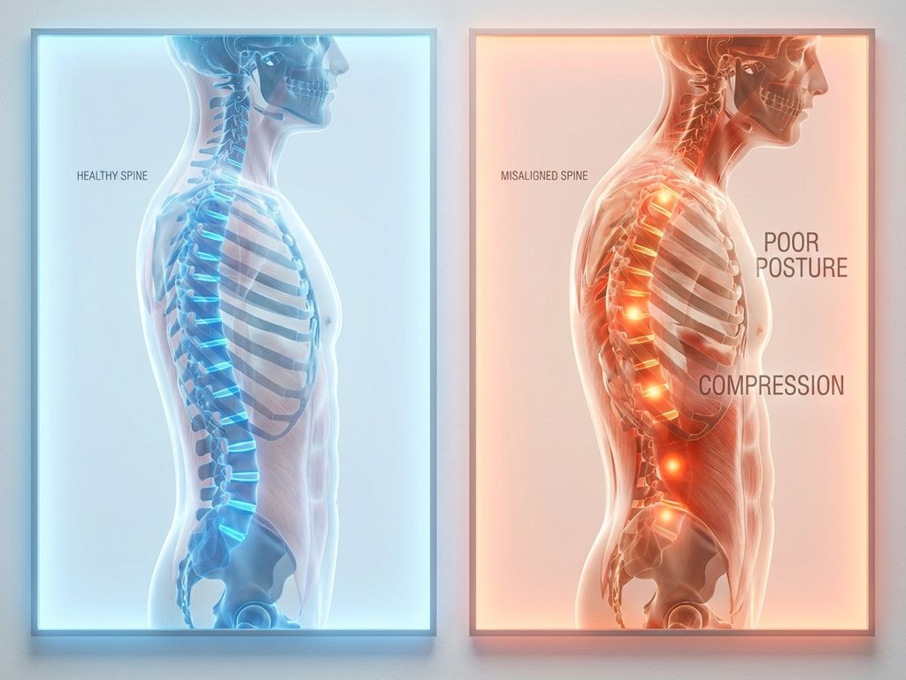Vergelijking van gezonde rechte wervelkolom en gebogen wervelkolom met slechte houding in medische illustratie