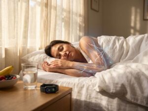 Persoon slaapt vredig in bed met ochtendlicht, nachtkastje toont water, fruit en slaaptracker voor herstel