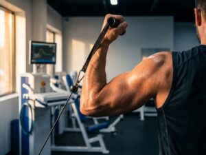 Gespierde arm en schouder tijdens training met dramatische belichting in professionele sportschool