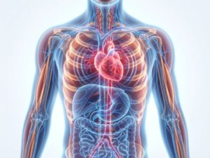 Doorsnede menselijke torso toont stress-effecten: rood gloeiend hart, gespannen spieren in amber, blauwe cortisol paden