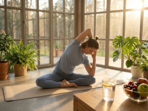 Persoon in sportkleding strekt zich uit in lichte kamer met planten, yogamat, water en fruit voor wellness