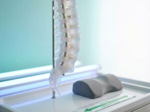 Menselijke wervelkolom model met correcte uitlijning en ergonomische ondersteuning in medische setting