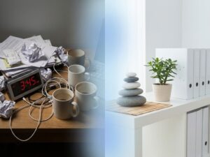 Gebalanceerde zen stenen naast rommelig bureau, toont contrast tussen stress en welzijn in serene medische setting